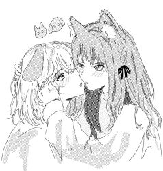 Rule 34 | 2girls, animal ears, bang dream!, bang dream! it&#039;s mygo!!!!!, blush, cat ears, closed mouth, dog ears, greyscale, hair ribbon, hand in another&#039;s hair, highres, kemonomimi mode, long sleeves, looking at another, medium hair, misumi uika, monochrome, multiple girls, parted lips, ribbon, shirt, smile, togawa sakiko, two side up, uikays, yuri