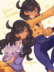 1girl :o bodysuit bodysuit_under_clothes character_name collared_shirt commentary constarlations emma_(pokemon) espurr eyelashes gen_6_pokemon gloves grey_eyes grin highres jacket knees long_sleeves multiple_views nintendo open_mouth outstretched_arm pleated_skirt pokemon pokemon_(creature) pokemon_legends:_z-a pokemon_xy shirt side_ahoge skirt smile star_(symbol) sweater teeth