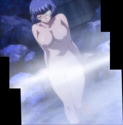 00s 1girl anime_screenshot breasts closed_eyes eyepatch highres ikkitousen ikkitousen_great_guardians large_breasts navel nipples nude ryomou_shimei sitting solo stitched third-party_edit