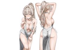 1girl ass bare_back bare_shoulders blonde_hair breasts collarbone commentary cowboy_shot large_breasts leaning_forward multiple_views original sideboob simple_background solo thick_thighs thighs twitter_username upper_body white_background wide_hips yvonne