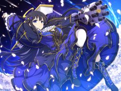 1girl arm_behind_head black_hair blue_dress blue_eyes blue_footwear breasts cherry_blossoms closed_mouth coffin dress falling_petals fighting_stance flower gatling_gun halo large_breasts long_hair midair minigun night night_sky non-web_source official_art pantyhose petals ryouki_(senran_kagura) senran_kagura senran_kagura_new_link serious sky white_pantyhose wind