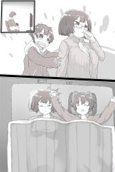1boy 1girl age_difference bed bedroom breasts chair glasses highres huge_breasts looking_at_viewer lying medium_hair monochrome on_bed open_mouth original pt shota sitting size_difference