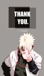 Rule 34 | 1boy, blonde hair, blue eyes, coat, flak jacket, forehead protector, grey background, highres, jacket, konohagakure shinobi uniform, long sleeves, looking at viewer, namikaze minato, naruto (classic), naruto (series), ninja, short hair, simple background, solo, spiked hair, upper body, v, white coat, zifletts