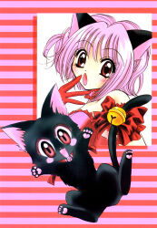 1girl 2000s_(style) :3 animal_ears animalization bell black_cat cat cat_ears cat_girl collar commentary dual_persona english_commentary gloves highres ikumi_mia jingle_bell magical_girl mew_ichigo momomiya_ichigo momomiya_ichigo_(cat) official_art pawpads person_and_animalization pink_hair red_collar red_eyes red_gloves scan short_hair smile tail tail_bell tail_ornament third-party_source tokyo_mew_mew