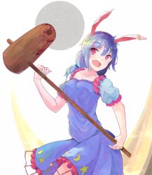 1girl :d animal_ears blue_dress blue_hair blush breasts collarbone cowboy_shot crescent dress earclip female_focus hyakunin_momoko kine long_hair looking_at_viewer mallet open_mouth puffy_short_sleeves puffy_sleeves rabbit_ears red_eyes seiran_(touhou) short_sleeves small_breasts smile solo star_(symbol) touhou