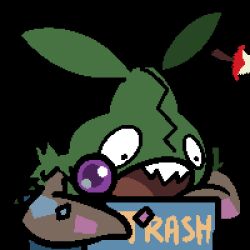 amehatobook animated animated_gif apple apple_core black_eyes food fruit game_freak gen_5_pokemon looking_at_viewer lowres nintendo no_humans open_mouth pokemon pokemon_(creature) solo teeth toxic_orb transparent_background trash_can trembling trubbish upper_teeth_only