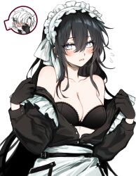 1boy 1girl apron bare_shoulders black_bra black_gloves black_hair bra breasts buttons cleavage commentary english_commentary eyelashes facepalm flying_sweatdrops frilled_hairband frills gloves hair_between_eyes hairband highres large_breasts long_hair long_sleeves looking_at_viewer maid off_shoulder open_clothes open_shirt original simple_background solo_focus tsu_(lovesick1964) underwear upper_body very_long_hair waist_apron white_background white_eyes white_hair
