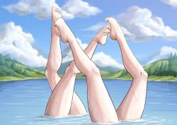 2girls absurdres anander0 bad_tag bare_legs barefoot commentary commission dancing duet english_commentary feet fire_emblem fire_emblem_fates highres lake leg_focus legs legs_apart legs_up multiple_girls nintendo outdoors partially_submerged selkie_(fire_emblem) swimming synchronized_swimming touching_another&#039;s_feet velouria_(fire_emblem) water wet