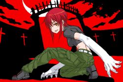 1girl 212_(kisaragi) animal_hands bad_id bad_pixiv_id cargo_pants claws female_focus kaibutsu_oujo moon pants red_hair riza_wildman short_hair solo