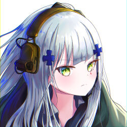 1girl agent_416_(girls&#039;_frontline) blue_hair closed_mouth commentary_request e20_(79324944) girls&#039;_frontline green_eyes green_jacket hair_ornament hairclip headphones hk416_(girls&#039;_frontline) jacket light_blush long_hair looking_at_viewer official_alternate_costume simple_background solo tattoo teardrop_facial_mark teardrop_tattoo tom_clancy&#039;s_the_division upper_body white_background