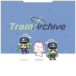 Rule 34 | 1boy, 2girls, :/, :d, armband, belt, black belt, black tail, blue archive, blue armband, blue background, blue hat, blue jacket, blue shoes, blue shorts, blue skirt, blush, buttons, chibi, closed eyes, closed mouth, colored shadow, commentary, demon tail, doodle sensei (blue archive), double-breasted, fang, full body, gloves, green hair, green halo, hair between eyes, halo, hands up, happy, hat, hikari (blue archive), jacket, jumping, long hair, long sleeves, multiple girls, nozomi (blue archive), open mouth, pantyhose, peaked cap, pixel art, pointy ears, redforge, sensei (blue archive), shadow, shoes, shorts, siblings, sidelocks, simple background, sisters, skin fang, skirt, smile, standing, symbol-only commentary, tail, twins, twintails, two-tone background, very long hair, wavy hair, white background, white gloves, white pantyhose, yellow eyes
