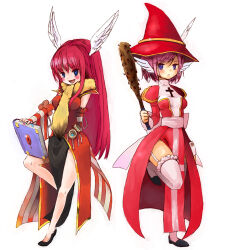 2girls animal animal_around_neck back_bow baseball_bat black_shoes blue_eyes blush book bow breasts closed_mouth commentary_request detached_sleeves dress feathered_wings fox frilled_thighhighs frills frown full_body garter_straps hat head_wings high_priest_(ragnarok_online) holding holding_baseball_bat holding_book juliet_sleeves long_hair long_sleeves looking_at_viewer medium_breasts multiple_girls nail nail_(hardware) nail_bat open_mouth pelvic_curtain pink_hair professor_(ragnarok_online) puffy_sleeves ragnarok_online red_dress red_hair red_hat red_sleeves sash shoes simple_background sleeveless sleeveless_dress smile standing standing_on_one_leg striped_sleeves thighhighs two-tone_dress viennu white_background white_bow white_dress white_sash white_sleeves white_thighhighs white_wings wings witch_hat
