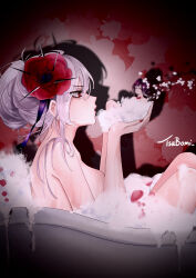 Rule 34 | 2girls, absurdres, bathing, bathtub, blowing bubbles, breasts, collarbone, completely nude, coquelic (path to nowhere), floral background, flower, from side, furrowed brow, gradient hair, hair flower, hair ornament, highres, holding, holding mini person, knees up, large breasts, mini person, multicolored hair, multiple girls, nail polish, nude, path to nowhere, poppy (flower), pout, purple hair, red background, red eyes, red nails, red petals, scrunchie, shalom (path to nowhere), signature, smile, soap bubbles, spotlight, thorns, tsubomi qq, updo, white hair, wrist scrunchie