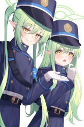 2girls belt black_belt black_skirt blue_archive blue_hat blue_shirt blush commentary_request cowboy_shot earrings fang fuka_kurotsuji garrison_cap gloves green_hair green_halo halo hat highres hikari_(blue_archive) jewelry long_hair long_sleeves looking_at_viewer multiple_girls nozomi_(blue_archive) open_mouth pointy_ears shirt simple_background skin_fang skirt smile twintails white_background white_gloves yellow_eyes