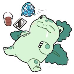 Rule 34 | animal focus, cellphone, claws, closed eyes, closed mouth, cup, drink, electric fan, full body, gen 1 pokemon, ivysaur, lying, nintendo, no humans, on back, phone, pokemon, pokemon (creature), simple background, sleeping, smartphone, solo, white background, yasaikakiage