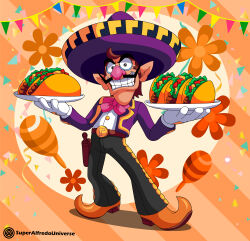 Rule 34 | 1boy, absurdres, alternate costume, artist request, belt, confetti, facial hair, food, full body, gloves, hat, highres, mariachi, mario (series), mexico, mustache, nintendo, orange background, shoes, smile, sombrero, taco, teeth, tray, waluigi