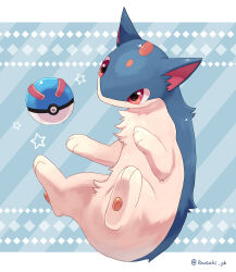 blue_background creatures_(company) diagonal_stripes diamond_(shape) fluffy game_freak gen_2_pokemon great_ball hands_up highres ibusaki_(ivu) legs_up looking_at_object nintendo no_humans pawpads poke_ball pokemon pokemon_(creature) quilava red_eyes solo star_(symbol) striped twitter_username