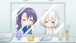 Rule 34 | 2girls, :t, = =, aqua scrunchie, arm at side, assault lily, asymmetrical bangs, blue pajamas, brushing teeth, buttons, chibi, closed eyes, commentary request, covered mouth, crossed bangs, desk lamp, flower, grey hair, hair between eyes, hair flower, hair ornament, hair scrunchie, hand up, high ponytail, holding, holding toothbrush, honma akehi, hood, hood down, hooded pajamas, jewelry, lamp, light blush, long hair, long sleeves, low twintails, messy hair, mirror, motion lines, multiple girls, official art, pajamas, ponytail, purple hair, reflection, ring, rubber duck, scrunchie, shiozaki suzume, short sleeves, side ponytail, toothbrush, toothpaste, towel, twintails, upper body, vase, white flower, white pajamas
