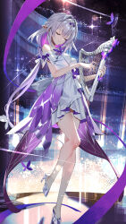 1girl absurdres bow breasts castorice_(honkai:_star_rail) castorice_(star_rail_live_2025)_(honkai:_star_rail) closed_eyes closed_mouth dress full_body grey_hair hair_bow high_heels highres holding_harp honkai:_star_rail honkai_(series) long_hair multicolored_hair official_alternate_costume pointy_ears purple_dress purple_hair scottie_(phantom2) shoes smile solo stage_lights standing two-tone_dress white_dress white_shoes