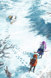 1boy 2girls axe bare_tree black_pants blue_skirt briefcase coat commentary elf english_commentary face_down fern_(sousou_no_frieren) footprints franlol frieren fur-trimmed_coat fur_trim highres holding holding_axe holding_staff long_hair long_sidelocks looking_at_another lying mage_staff multiple_girls outdoors pants pointy_ears purple_hair red_coat red_hair short_coat short_hair sidelocks skirt snow sousou_no_frieren staff standing stark_(sousou_no_frieren) tree twintails white_coat wide_shot winter wooden_staff