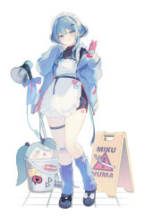 Rule 34 | 1girl, :p, apron, bandaid, bandaid on knee, bandaid on leg, belt, black belt, black jacket, black shoes, blue eyes, blue hair, blue jacket, blue nails, blue socks, bucket, cellphone, character name, commentary request, crocs, double bun, frilled apron, frills, hair between eyes, hair bun, hair intakes, hatsune miku, highres, holding, holding phone, jacket, long sleeves, loose socks, maid, maid headdress, megaphone, nail polish, off shoulder, open clothes, open jacket, phone, phone with ears, puffy long sleeves, puffy sleeves, shoes, silltare, skindentation, sleeves past wrists, socks, solo, thigh belt, thigh strap, tile floor, tiles, tongue, tongue out, vocaloid, wet floor sign, white apron, white background
