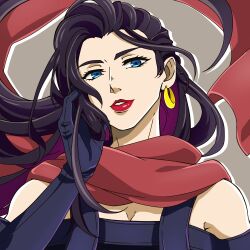 Rule 34 | 1girl, black dress, black gloves, blue eyes, close-up, commentary request, dress, earrings, elbow gloves, eyelashes, floating hair, gloves, jewelry, jojo no kimyou na bouken, lisa lisa, long hair, looking at viewer, lua-fone-fabre, parted lips, red lips, red scarf, scar, scarf, solo