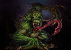 Rule 34 | absurdres, black background, black sclera, chupacabra, claws, colored sclera, colored skin, commentary, english commentary, full body, green skin, hand on ground, highres, hold111, long tongue, monster, monster focus, ninja slayer, no humans, no pupils, open mouth, saliva, sharp teeth, spines, tail, teeth, tongue, very long tongue