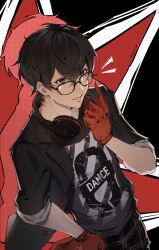 1boy amamiya_ren black_background black_hair black_jacket brown_eyes from_above glass gloves hair_between_eyes hand_on_own_hip headphones headphones_around_neck highres jacket kurorium looking_at_viewer male_focus pants parted_lips persona persona_5 plaid_clothes plaid_pants print_shirt red_background red_gloves shirt short_hair sleeves_rolled_up smile solo twitter_username