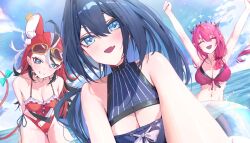 3girls :d absurdres ahoge animal_ears armpits arms_behind_back arms_up bikini black_bikini black_collar black_hair blue_eyes blue_hair blue_one-piece_swimsuit blue_sky bow breasts casual_one-piece_swimsuit cleavage cleavage_cutout closed_eyes clothing_cutout cloud collar colored_tips commentary crystal_wings day dice_hair_ornament double-parted_bangs double_halo english_commentary eyewear_on_head fang frilled_one-piece_swimsuit frills front-tie_bikini_top front-tie_top gluteal_fold grin hair_between_eyes hair_ornament hair_over_shoulder hakos_baelz hakos_baelz_(holonatsu_paradise) halo highres hololive hololive_english holonatsu_paradise holopromise irys_(hololive) irys_(holonatsu_paradise)_(hololive) jewelry large_breasts layered_bikini long_hair looking_at_viewer low_side_ponytail medium_breasts mouse_ears mouse_girl mouse_tail multicolored_hair multiple_girls navel necklace ocean official_alternate_costume official_alternate_hairstyle one-piece_swimsuit open_mouth ouro_kronii ouro_kronii_(holonatsu_paradise) outdoors outstretched_arms pink_bikini pointy_ears ponytail purple_hair reaching reaching_towards_viewer rectangular_eyewear red_hair red_one-piece_swimsuit side-tie_one-piece_swimsuit skin_fang sky smile spiked_collar spikes star_halo stomach streaked_hair sunglasses swim_ring swimsuit tail tail_bow tail_ornament virtual_youtuber white_hair wings yellow-framed_eyewear yoellim5