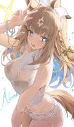 +_+ 1girl almond_eye_(umamusume) alternate_costume animal_ears arm_up bare_shoulders blue_eyes blue_hair blunt_bangs bow bow_hairband bracelet braid breasts brown_hair brown_tail colored_inner_hair commentary covered_collarbone cowboy_shot green_ribbon hair_ornament hair_ribbon hairband hairclip halterneck highres horse_ears horse_girl horse_tail jewelry large_breasts long_hair long_sidelocks looking_at_viewer midriff multicolored_hair navel netural open_mouth purple_eyes ribbon shirt short_shorts shorts sidelocks simple_background sleeveless sleeveless_shirt solo symbol-only_commentary tail teeth two-tone_hair umamusume upper_teeth_only v wet wet_clothes white_background white_bow white_hairband white_shirt white_shorts