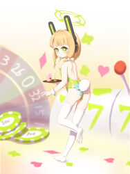 1girl absurdres alternate_costume animal_ear_headphones animal_ears aqua_bow ass back back_bow backless_leotard backless_outfit bare_back bare_shoulders blonde_hair blue_archive blunt_bangs blunt_ends blurry blurry_background blush bow breasts clothing_cutout cocktail_glass commentary cup drinking_glass fake_animal_ears fake_tail foot_up from_behind full_body gradient_background green_bow green_eyes green_halo green_leotard halo headphones highleg highleg_leotard highres holding holding_tray legs leotard loli looking_at_viewer low-tied_sidelocks marshal_(artist) median_furrow medium_hair midori_(blue_archive) milk_carton no_shoes parted_bangs parted_lips playboy_bunny poker_chip rabbit_ear_headphones rabbit_ears rabbit_tail roulette sidelocks slot_machine small_breasts soles solo standing standing_on_one_leg stomach_cutout strapless strapless_leotard tail thighhighs tray turning_head v white_thighhighs white_wrist_cuffs wrist_cuffs yellow_background