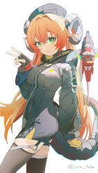 Rule 34 | 1girl, absurdres, asymmetrical gloves, black gloves, black thighhighs, coria, dragon girl, dragon horns, dragon tail, fingerless gloves, gloves, green eyes, hand up, highres, horns, long hair, mismatched gloves, orange hair, orpheus (zenless zone zero), red pupils, simple background, smile, solo, tail, thighhighs, twintails, v, very long hair, white background, yellow gloves, zenless zone zero
