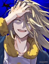 1boy arm_up blonde_hair collarbone commentary_request creatures_(company) fur_trim game_freak gen_4_pokemon ginkgo_guild_uniform giratina hair_down hand_in_own_hair legendary_pokemon long_hair male_focus multicolored_clothes nintendo open_mouth osuumai0128 pokemon pokemon_legends:_arceus solo teeth tongue twitter_username upper_teeth_only volo_(pokemon) yellow_eyes yellow_fur