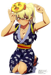 Rule 34 | 1girl, absurdres, arms up, blonde hair, blush, breasts, cleavage, collarbone, higa kana, high ponytail, highres, japanese clothes, kimono, kneeling, large breasts, long hair, looking at viewer, magazine scan, mask, mask on head, megami magazine, official art, okinawa de suki ni natta ko ga hougen sugite tsurasugiru, ponytail, sandals, scan, simple background, smile, solo, thighs, white background, yellow eyes