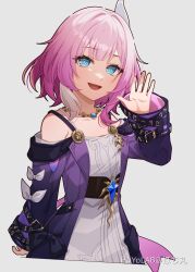 1girl blue_eyes breasts coat commentary_request cyrene_(honkai:_star_rail) dress hair_ornament highres honkai:_star_rail honkai_(series) hoyolab_username jewelry looking_at_viewer medium_hair multicolored_hair necklace open_mouth pink_hair pink_pupils pochimaru_(marumaru_wanwan) purple_coat simple_background small_breasts smile solo two-tone_hair white_background white_dress white_hair