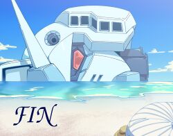 beach beach_umbrella blue_sky cloud creator_connection day gundam gundam_gquuuuuux head_only highres horizon jackoonz mecha mobile_suit neon_genesis_evangelion no_humans ocean outdoors red_eyes robot rx-78-2_gundam sand scene_reference science_fiction sky the_end_of_evangelion umbrella v-fin water