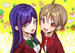 2girls :d ahoge blazer bow bowtie brown_hair buttons cactus collared_shirt copyright_request ear_piercing emoji food green_bow green_bowtie jacket lapels light_blush long_hair looking_at_viewer multiple_girls nerutora open_mouth piercing pizza purple_eyes purple_hair red_bow red_bowtie red_eyes shiba_inu shirt short_hair smile star_(symbol) star_symbol_background yellow_background
