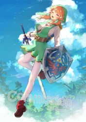 1girl ;d alternate_costume artist_name belt_buckle blue_sky blunt_bangs bodysuit breasts brooch brown_footwear buckle commentary commission cosplay earrings feather_earrings feathers floating frilled_sleeves frills full_body green_feathers green_hat green_skirt green_tunic hat heart heart_brooch highres holding holding_shield holding_sword holding_weapon hololive hololive_english hylian_shield jewelry large_breasts leather_belt leg_up leg_warmers link link_(cosplay) long_hair long_sleeves looking_at_viewer low_twintails master_sword nintendo one_eye_closed open_mouth orange_hair phrygian_cap pink_eyes plant pointy_ears red_leg_warmers reiayaori ribbon scabbard sheath shield shoulder_belt skirt sky smile solo sword takanashi_kiara the_legend_of_zelda tunic twintails vgen_commission virtual_youtuber watermark weapon white_undershirt wrist_ribbon