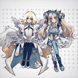 Rule 34 | 2girls, absurdres, angel wings, black pantyhose, blonde hair, bow, bracelet, breasts, bridal gauntlets, curled horns, dress, elbow gloves, ereshkigal (fate), fate/grand order, fate (series), feathered wings, frills, gloves, green eyes, green pantyhose, hair bow, headpiece, highres, horns, jeanne d&#039;arc (fate), jewelry, juliet sleeves, large breasts, leotard, long hair, long sleeves, looking at viewer, medium breasts, metatron jeanne (fate), metatron jeanne (third ascension) (fate), multiple girls, multiple wings, noa pisces, pantyhose, parted bangs, puffy sleeves, single leg pantyhose, single thighhigh, smile, space ereshkigal (fate), space ereshkigal (third ascension) (fate), thighhighs, two side up, very long hair, white dress, white gloves, white leotard, white thighhighs, wings, yellow eyes