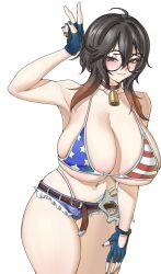 Rule 34 | 1girl, ahoge, american flag, american flag bikini, american flag print, bell, belt, bikini, black hair, black nails, blue gloves, blue shorts, breasts, brown belt, brown hair, closed mouth, collarbone, cowbell, fingerless gloves, flag print, flag print bikini, gloves, gradient hair, hand on own thigh, highleg, highleg bikini, highres, kasizil, large breasts, micro shorts, multicolored hair, navel, original, print bikini, shorts, solo, swimsuit