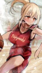 1girl armpit_crease ball basketball basketball_(object) basketball_uniform blonde_hair blurry blurry_background breasts closed_mouth collarbone commentary_request determined dribbling_(basketball) frown large_breasts leg_up long_sidelocks love_live! love_live!_nijigasaki_high_school_idol_club miyashita_ai orange_eyes ponytail red_shirt red_shorts shirt shorts sidelocks sleeveless sleeveless_shirt solo sportswear syoma_(1026syoma) v-shaped_eyebrows