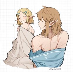 1boy 1girl bare_shoulders blonde_hair bra_strap brown_hair dango_(uni_520) hetero link nintendo pointy_ears princess_zelda scar scar_on_chest the_legend_of_zelda