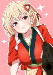 Rule 34 | 1girl, absurdres, belt, blonde hair, bob cut, frown, gun, hair ribbon, handgun, highres, holding, holding gun, holding weapon, hosinonana, japanese clothes, kimono, looking at viewer, lycoris recoil, maid, nishikigi chisato, one side up, pink background, red belt, red eyes, red kimono, red ribbon, ribbon, short hair, solo, sparkle, teeth, upper body, wa maid, weapon, yukata