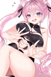 1girl absurdres animal_ear_fluff animal_ears antenna_hair black_bow blush bow breasts clothing_cutout fang four-finger_heart_hands hair_bow hakui_koyori hakui_koyori_(dark_maid) heart heart_hands highres hololive large_breasts navel official_alternate_costume open_mouth pink_hair purple_eyes sakurada_327 smile solo stomach_cutout twintails virtual_youtuber wolf_ears wolf_girl