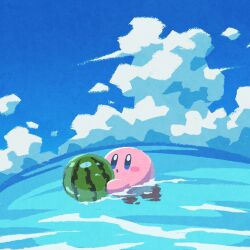 blue_eyes blue_sky blush_stickers cloud cloudy_sky commentary_request day food fruit highres kirby kirby_(series) miclot nintendo no_humans ocean outdoors partially_submerged sky solo water watermelon