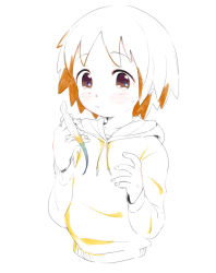 1girl animal animal_on_hand blush brown_eyes closed_mouth collarbone cropped_torso dot_nose drawstring from_side gecko hands_up hood hood_down hoodie light_brown_hair lizard long_sleeves looking_at_viewer looking_to_the_side nekopantsu_(blt) original partially_colored short_hair simple_background solo sweat tareme upper_body white_background yellow_hoodie