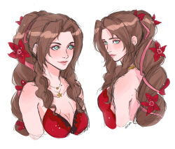 1girl aerith_gainsborough aerith_gainsborough_(red_dress) bare_shoulders braid brown_hair commentary dress eiriseth english_commentary eyeliner eyeshadow final_fantasy final_fantasy_vii flower green_eyes hair_flower hair_ornament highres jewelry long_hair looking_at_viewer looking_to_the_side makeup necklace official_alternate_costume pink_eyeliner pink_lips ponytail profile red_dress simple_background smile solo upper_body wall_market white_background