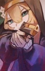Rule 34 | 1girl, absurdres, aiming, black coat, black hat, blue archive, blue eyes, closed mouth, coat, desert eagle, dress, flower, gun, hair between eyes, hair flower, hair ornament, handgun, hat, highres, holding, holding gun, holding weapon, long hair, mari (blue archive), nun, orange hair, rescat, sidelocks, weapon, white dress, white flower