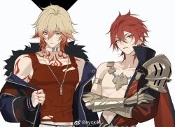 2boys amagi_rinne arm_tattoo armlet armor armored_gloves bare_pectorals black_coat black_jacket blonde_hair blue_eyes chest_tattoo choker coat commentary_request cosplay costume_switch crossed_arms crossover earrings ensemble_stars! eyokiki facial_tattoo fur-trimmed_jacket fur_trim gold_armlet gold_necklace gradient_hair hair_between_eyes honkai:_star_rail honkai_(series) jacket jewelry looking_at_viewer male_focus medium_hair multicolored_hair multiple_boys mydei_(honkai:_star_rail) necklace open_clothes open_coat parted_lips pauldrons pectorals red_hair red_tank_top shoulder_armor single_pauldron smile tank_top tattoo toned toned_male torn_clothes watermark weibo_watermark white_background white_choker yellow_eyes