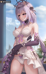 1girl absurdres artist_logo asymmetrical_gloves bare_shoulders black_bow black_tiara blue_sky blush bow breasts cameltoe castorice_(honkai:_star_rail) closed_mouth clothes_lift clothing_cutout commentary_request cowboy_shot day dress dress_lift elbow_gloves flower gloves hair_bow hair_flower hair_ornament highres honkai:_star_rail honkai_(series) kie_(wylee2212) lifting_own_clothes logo long_hair medium_breasts outdoors paid_reward_available panties pink_flower pointy_ears purple_eyes purple_gloves purple_hair purple_pupils sidelocks single_elbow_glove sky solo stomach_cutout tiara twitter_username underwear uneven_gloves very_long_hair white_dress white_panties